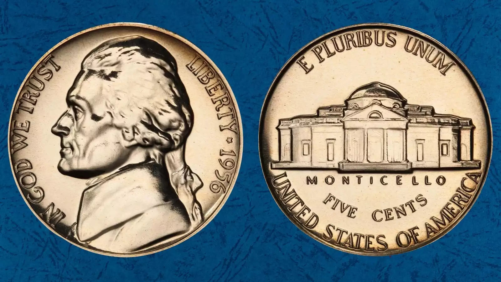 Side-by-side comparison of 1956 Jefferson nickel reverse showing common weakly struck steps versus Full Steps designation quality