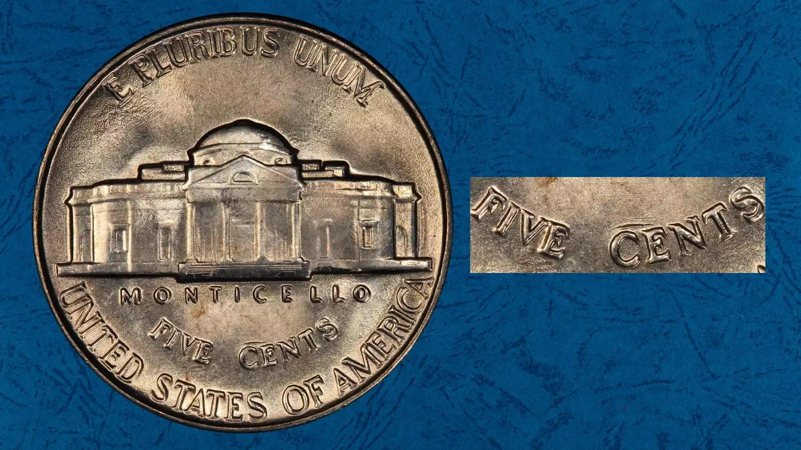 1956 Jefferson nickel reverse Full Steps close-up showing five crisp unbroken Monticello step lines
