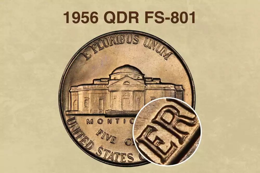 1956 Jefferson nickel Quadrupled Die Reverse FS-801 close-up showing multiple outlines on E PLURIBUS UNUM lettering