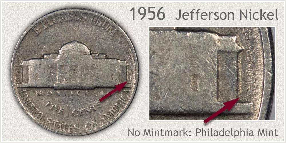 Group of 1956 Jefferson nickels showing typical specimens from Philadelphia and Denver mints in varying grades