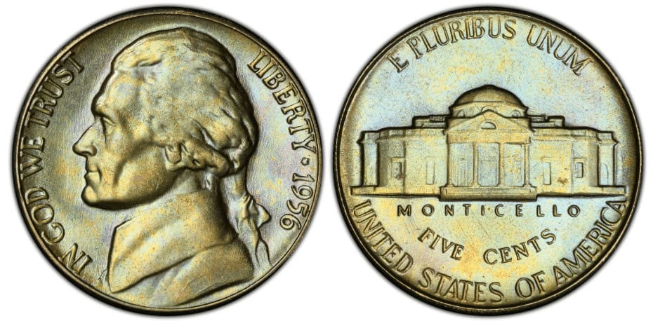 1956 Jefferson nickel grading strip showing four specimens in Good, Fine, About Uncirculated, and Mint State condition
